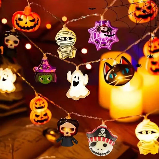 1PC Halloween 10/20 LED Battery Powered Ghost String Lights With Witch Cat Pumpkin Spider Web Skeleton Mummy Pirate Shape Indoor