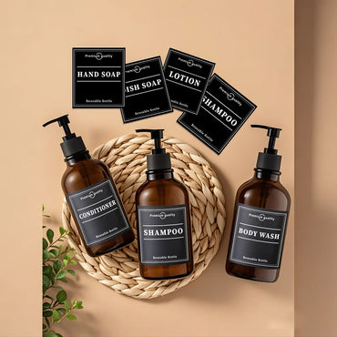 500ml (16.9 fl oz) Amber Refillable Pump Bottle Set with Black Label Stickers - Shampoo, Shower Gel & Liquid Soap Dispensers for Bathroom & Kitchen