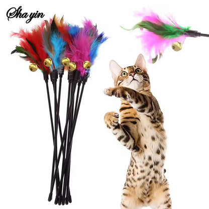 5-Pack Interactive Cat Feather Wand Toys - Colorful Feather Teasers with Bell