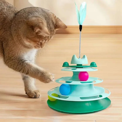 Interactive Cat Toy Tower with Turntable Track, Rolling Balls and Feather Teaser - Kitten Training Toy
