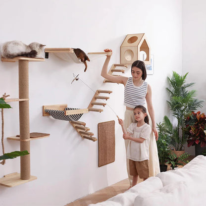Wall-Mounted Cat Climbing Shelves with Steps, Scratching Post and Hideaway Bed