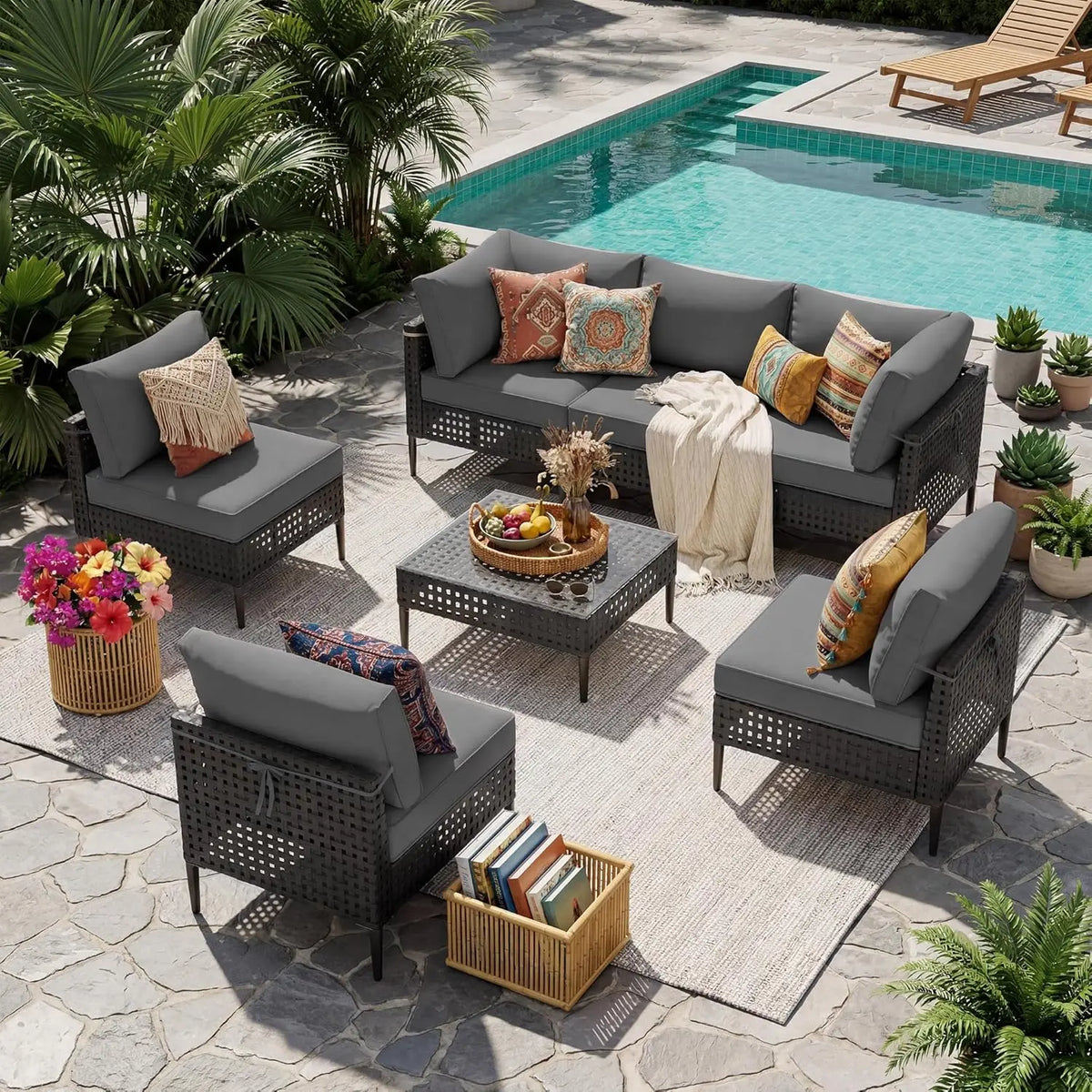 7-Piece High-Leg Modular PE Wicker Outdoor Sectional Sofa Set - Rust-Proof Frame, 4" Seat Cushions, Machine-Washable Covers, Tempered Glass Table