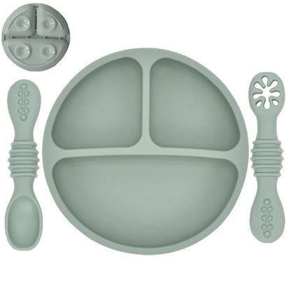 Silicone Baby Sucker Plate & Rice Spoon Set Cute Cartoon Tableware