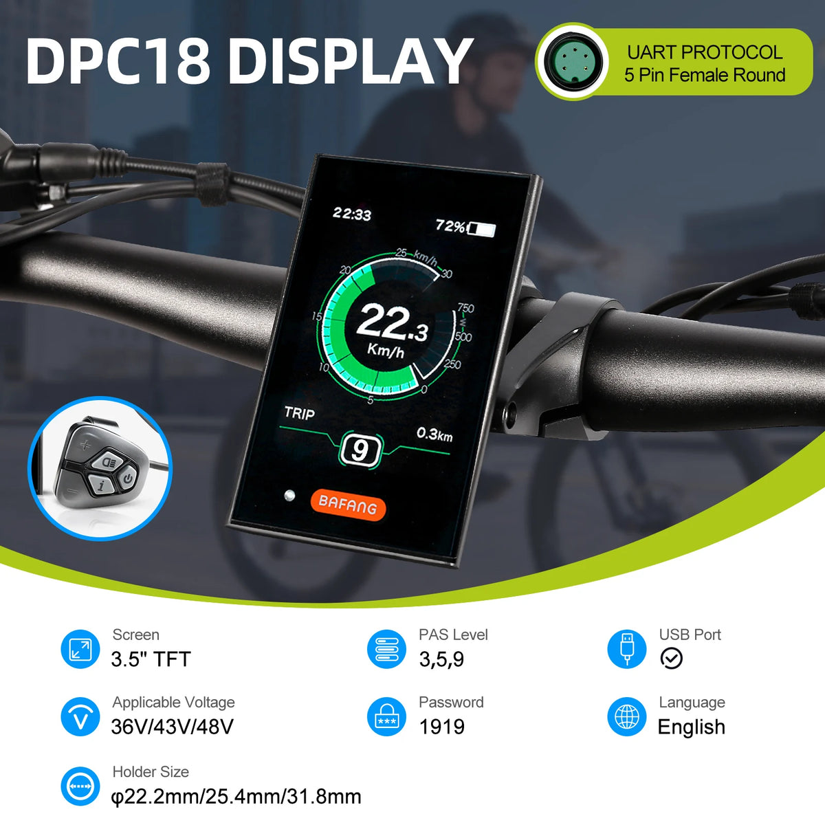 Varstrom UART E-Bike Display - EKD01 Bluetooth / SW2-M58 Color / DZ40 Mini / Bafang DPC18 - Bafang BBS/Hub Compatible, IP67-IP68, 12V-60V, 1-Year Warranty