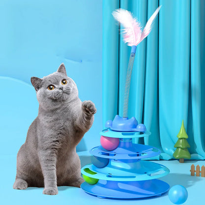 Interactive Cat Toy Tower with Turntable Track, Rolling Balls and Feather Teaser - Kitten Training Toy