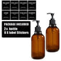 500ml (16.9 fl oz) Amber Refillable Pump Bottle Set with Black Label Stickers - Shampoo, Shower Gel & Liquid Soap Dispensers for Bathroom & Kitchen