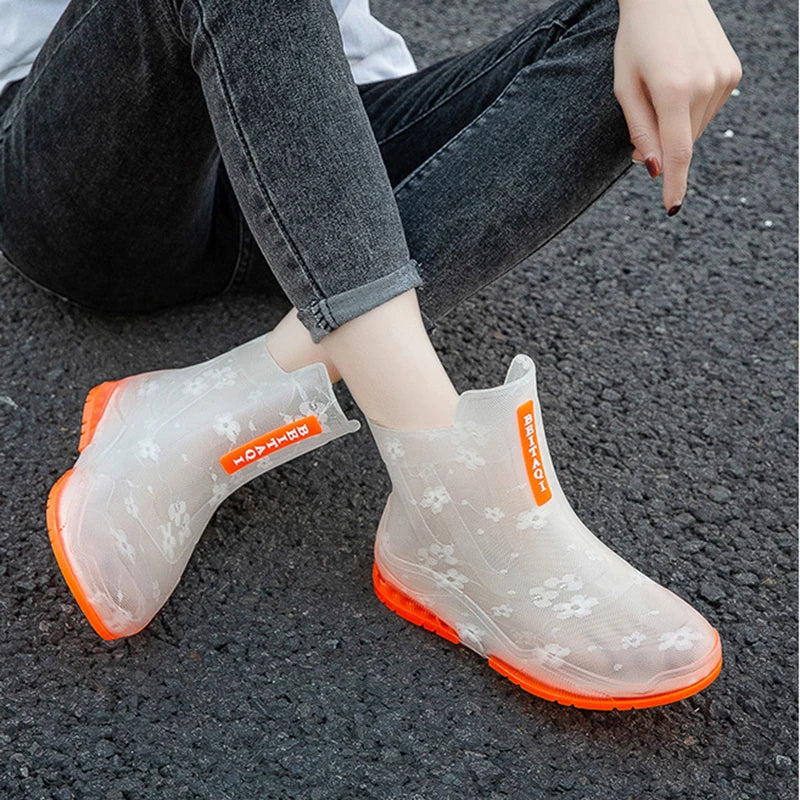 Slip-On PVC Ankle Rain Boots with Rubber Sole - YEAE
