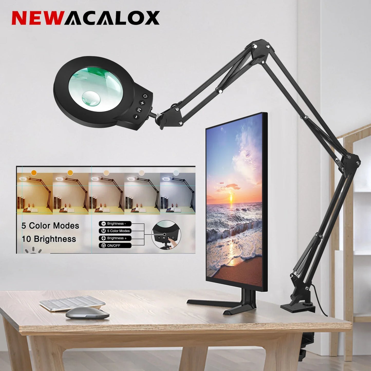 Adjustable Swing-Arm Magnifying Lamp 5X/10X with 110mm Lens, 5-Color Touch LED Clamp Light for Reading Jewelry Repair Electronics
