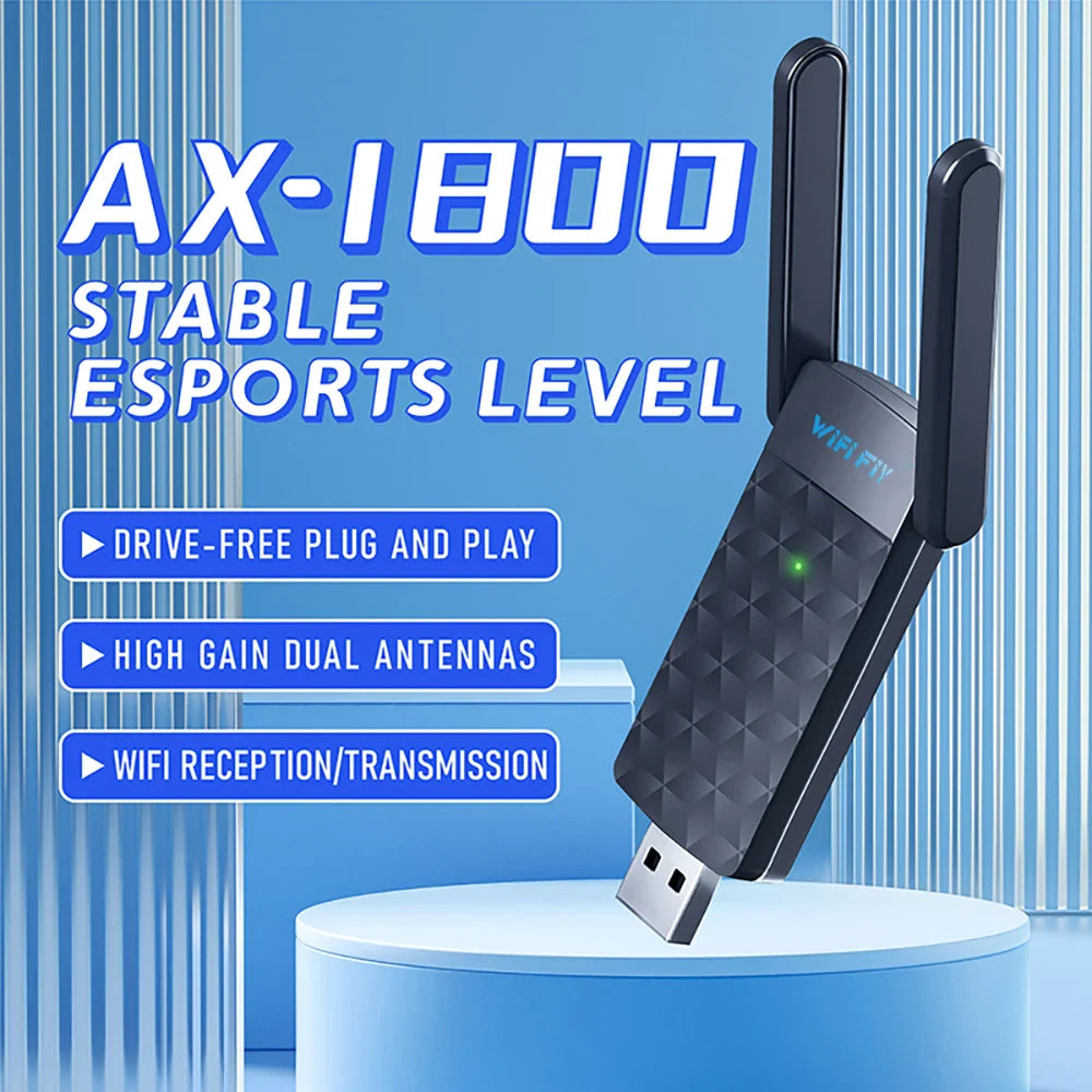 Wi-Fi 6 USB Adapter 1800Mbps Dual-Band (5GHz/2.4GHz) USB 3.0 802.11ax with 2x High-Gain Antennas — Windows 7/10/11 Compatible