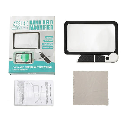 5X Rectangular Reading Magnifier 7.3 x 4.4 in (18.5 x 11.2 cm) – 48 LED Dimmable Light, Foldable Handheld for Seniors & Low Vision