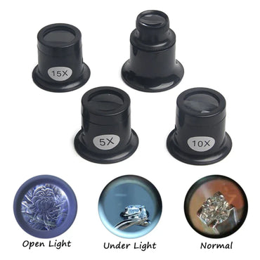 Jeweler Eye Loupe 5X 10X 15X 20X 4-Pack Eye Magnifiers + 1 Glass Loop for Watchmaking & Jewelry