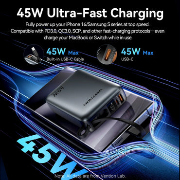 45W 20000mAh Power Bank with Built-in USB-C Cable, Fast Charging Portable Charger for iPhone Samsung Xiaomi