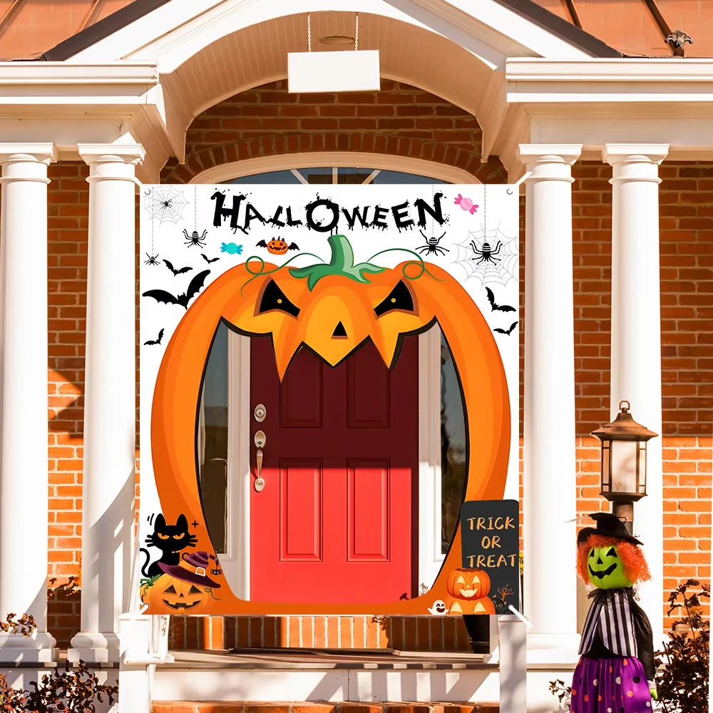 Halloween Pumpkin Door Banner & Photo Backdrop – Large Scary Pumpkin Polyester Decoration for Front Door, Party & Photo Booth