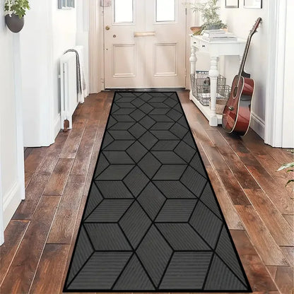Modern Geometric Diamond Hallway Runner Rug - Black Gold & Gray Pattern Floormat Ideal for Corridor Decor