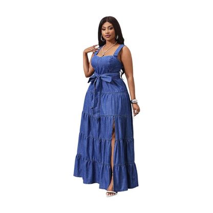 Women’s Blue Square Neck Sleeveless Tiered Maxi Dress – Fit & Flare, Lace-Up Detail, Front Slit, Ankle-Length, Sizes S–XXL