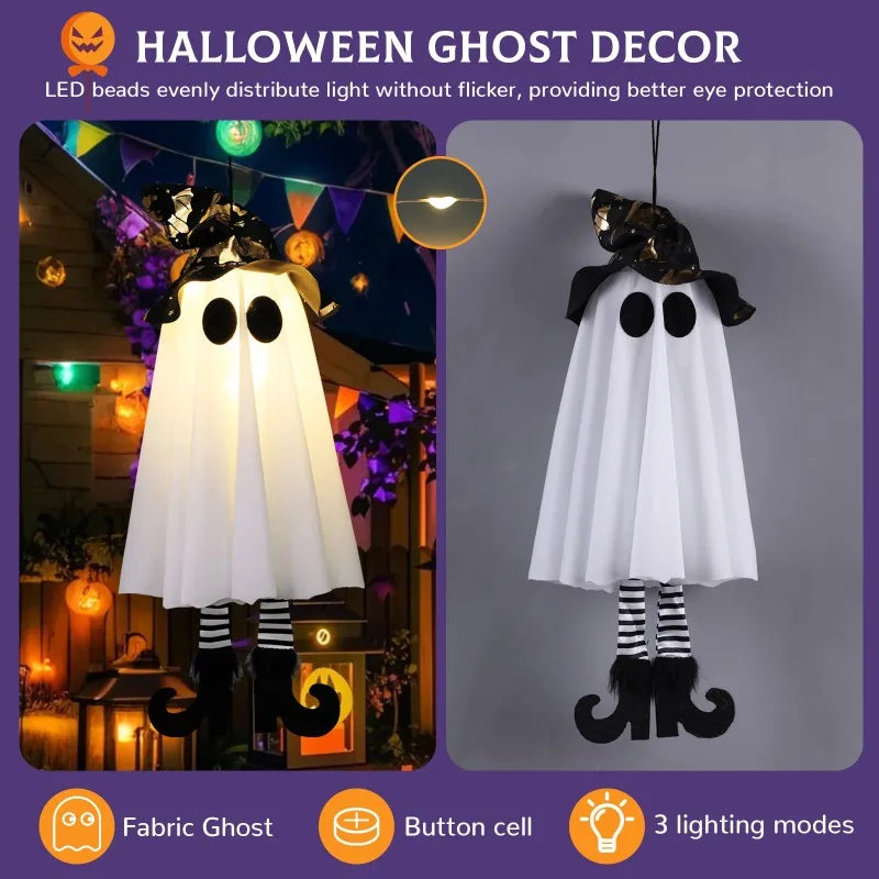 Halloween Light-Up Hanging Ghost Decoration – 3 Flashing Modes, Witch Hat & Plush Heels, 46cm, Indoor & Outdoor – 1PC or 3-Pack