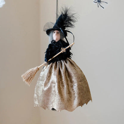 Halloween Witch Doll Hanging Ornament & Tree Topper – Retro Fabric Witch with Hat & Broom for Home, Party & Haunted House Decor – Champagne, Red or Brown