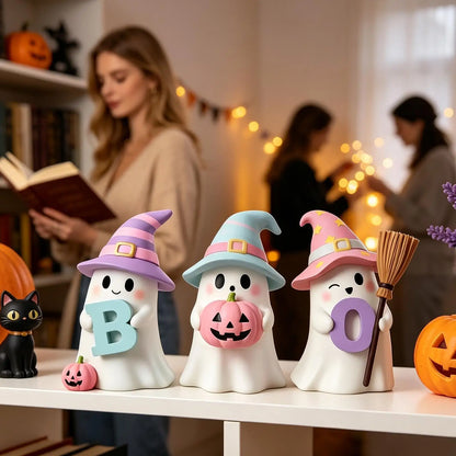 Halloween Ghost & Pink Pumpkin Resin Figurine Set – 3-Pack Cute Spooky Statues for Shelf, Mantel, Desk & Tabletop Decor