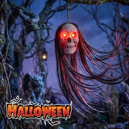 Hanging Ghost Skull Decoration with Long Hair and Glowing Eyes