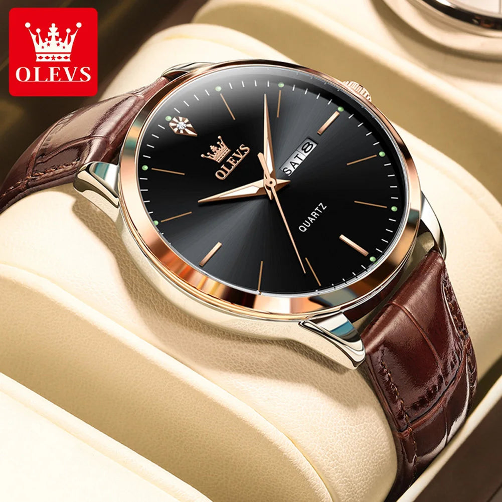 OLEVS 2935 Men’s Quartz Watch with Leather Strap and Calendar