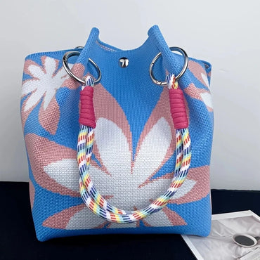 Women's Vintage Floral Knit Tote Bag Storage Bag Lightweight with Adjustable Straps & Metal Rings Snap Closure for Casual Travel