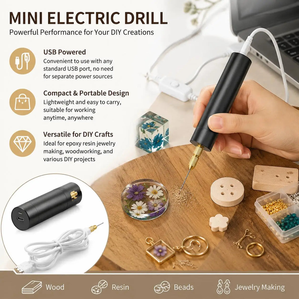 5V USB-C Mini Rotary Drill Kit, 15W, with 3 Drill Bits