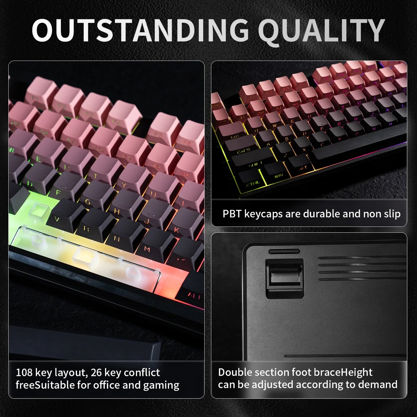 V108 Bluetooth Keyboard  Office Low Noise 2.4G Wired&Wireless Full Layout with RGB Backlit Membrane