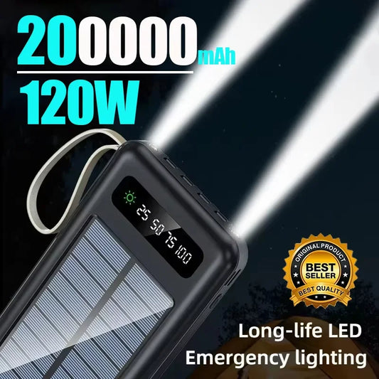 200000mAh Solar Power Bank – Large Capacity Portable Charger with Dual USB, 4 Built-In Cables, Fast Charging & LED Display