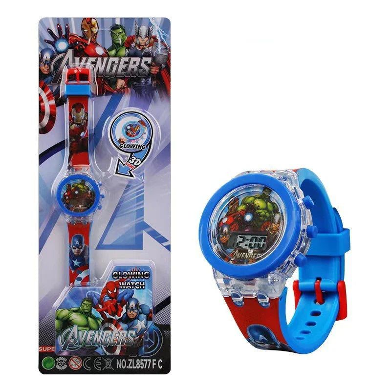 Kids LED Light-Up Digital Watch – 36mm Case, Cartoon Characters, 3BAR Water Resistant, Soft Rubber Strap