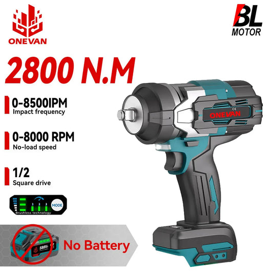 Brushless Cordless Impact Wrench 2800W 2800N·m - 1/2-inch (12.7 mm) Square Drive, Compatible with 18V Batteries