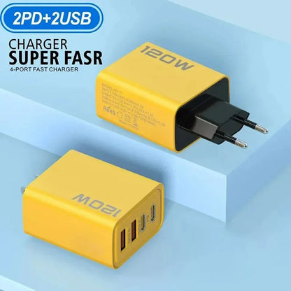 120W 4-Port PD Fast Charger Wall Adapter – 2 USB-C & 2 USB-A Quick Charge with US/EU Plugs