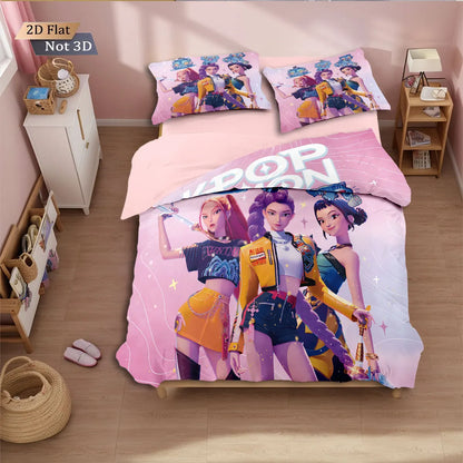 3-Piece K-Pop Demon Hunters Printed Bedding Set – Microfiber Polyester, Machine Washable, Multiple Sizes (1.0–2.8 m / 3.3–9 ft)