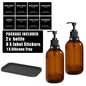 500ml (16.9 fl oz) Amber Refillable Pump Bottle Set with Black Label Stickers - Shampoo, Shower Gel & Liquid Soap Dispensers for Bathroom & Kitchen