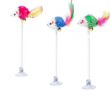 Cartoon Feather Wand Cat Toy with Mouse & Bell — Interactive Teaser Stick for Kittens