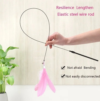 Interactive Cat Feather Teaser Wand with Bell, Extendable Rod, Suction Cup & Replaceable Feather Head