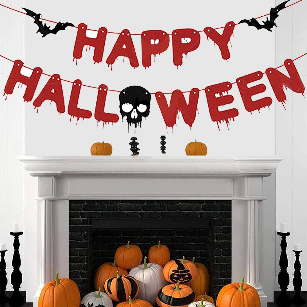 Halloween Banner & Bloody Butcher Knife Paper Garland Set – Happy Halloween Sign & Killer Tools Garland for Haunted House & Party Decor