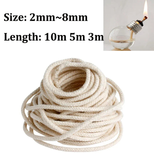 Round Cotton Oil Lamp Wicks — Replacement Wicks for Glass, Kerosene & Alcohol Lamps, 2–8 mm (0.08–0.31 in), 3 m / 5 m / 10 m (9.84 / 16.40 / 32.81 ft)