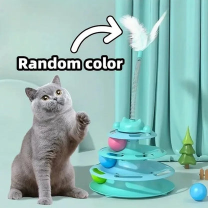 Interactive Cat Toy Tower with Turntable Track, Rolling Balls and Feather Teaser - Kitten Training Toy