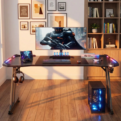FRODROVIA Z-Frame RGB LED Gaming Desk - 48"/55"/63", 4-Side LED Strips + Remote, Carbon Fiber, Cup Holder, Headphone Hook, 200 lb
