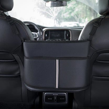 Leather Car Seat Middle Hanger Organizer – Large Capacity Between-Seats Handbag Holder with Tissue & Cup Pockets