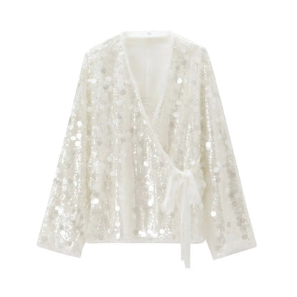 Women’s Sequin Kimono Jacket V-Neck Long Sleeve Patchwork Wrap Coat with Lace-Up Belt