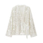Women’s Sequin Kimono Jacket V-Neck Long Sleeve Patchwork Wrap Coat with Lace-Up Belt