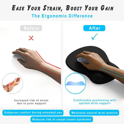 Ergonomic Gel Wrist Mouse Pad — Pain Relief, Smooth Fabric Surface & Non-Slip PU Base
