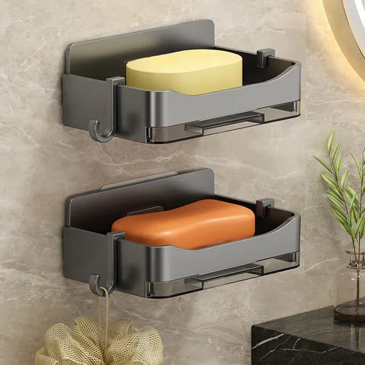 Wall-Mounted Free-Punch Soap & Sponge Holder, Double-Drain Plastic Soap Dish (11.3×8.3×4.1 cm | 4.45×3.27×1.61 in)