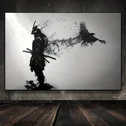 Black and White Japanese Black Samurai Man with Crow Posters and Print Wall Art Canvas Painting for Living Room Cuadros Decor