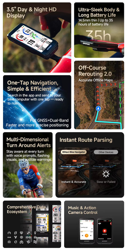 iGPSPORT BiNavi GPS Bike Computer - Touchscreen Map Navigation, 35hr Battery, IPX7, iClimb 3.0, Route Planning