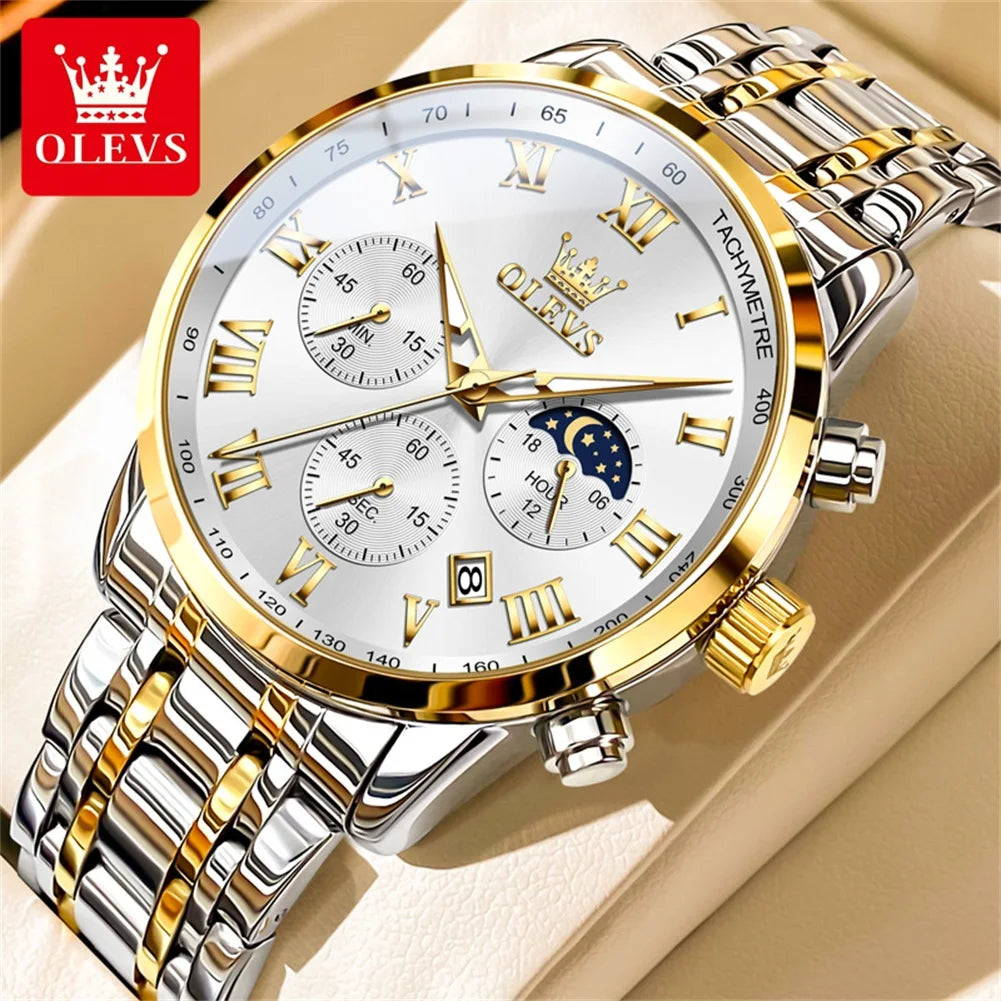 OLEVS 5529 Men's Chronograph Watch, Steel Bracelet Version - 41mm Moon Phase Dial, Auto Date, Luminous Hands, 30m Water Resistant