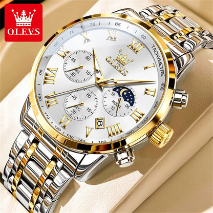 OLEVS 5529 Men's Chronograph Watch, Steel Bracelet Version - 41mm Moon Phase Dial, Auto Date, Luminous Hands, 30m Water Resistant