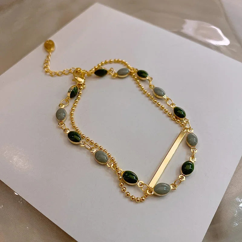 Double Layered Crystal Charm Bracelet for Women – Adjustable Beaded Gold Copper Alloy Jewelry Gift