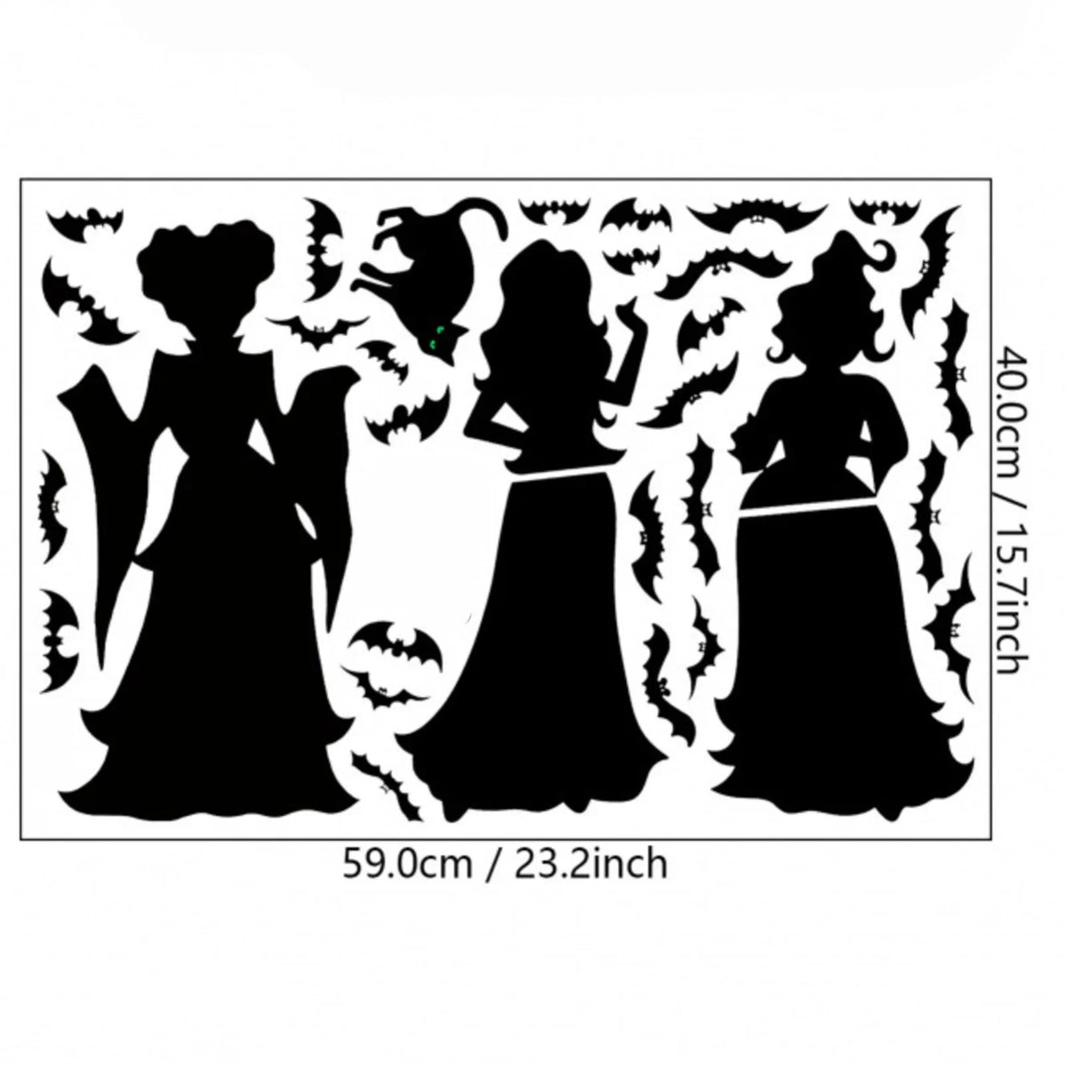 Halloween Witch Silhouette Window Clings - Extra Large 23x16" Double-Sided PVC Hocus-Pocus Witch, Bat & Black Cat Wall Stickers - Set of 3